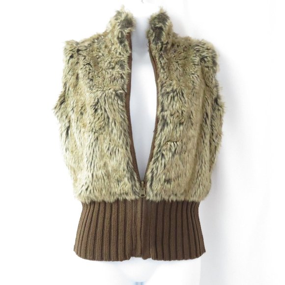 Vintage Jackets & Blazers - Faux Fur Brown Cable Knit Reversible Vintage Zip Up Warm Cozy Sweater Vest